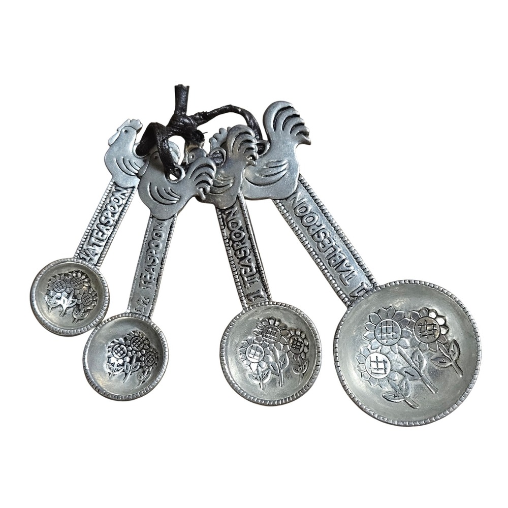 Vintage Rooster Sunflower Metal Measuring Spoons Set 4 Farmhouse Country Cottage